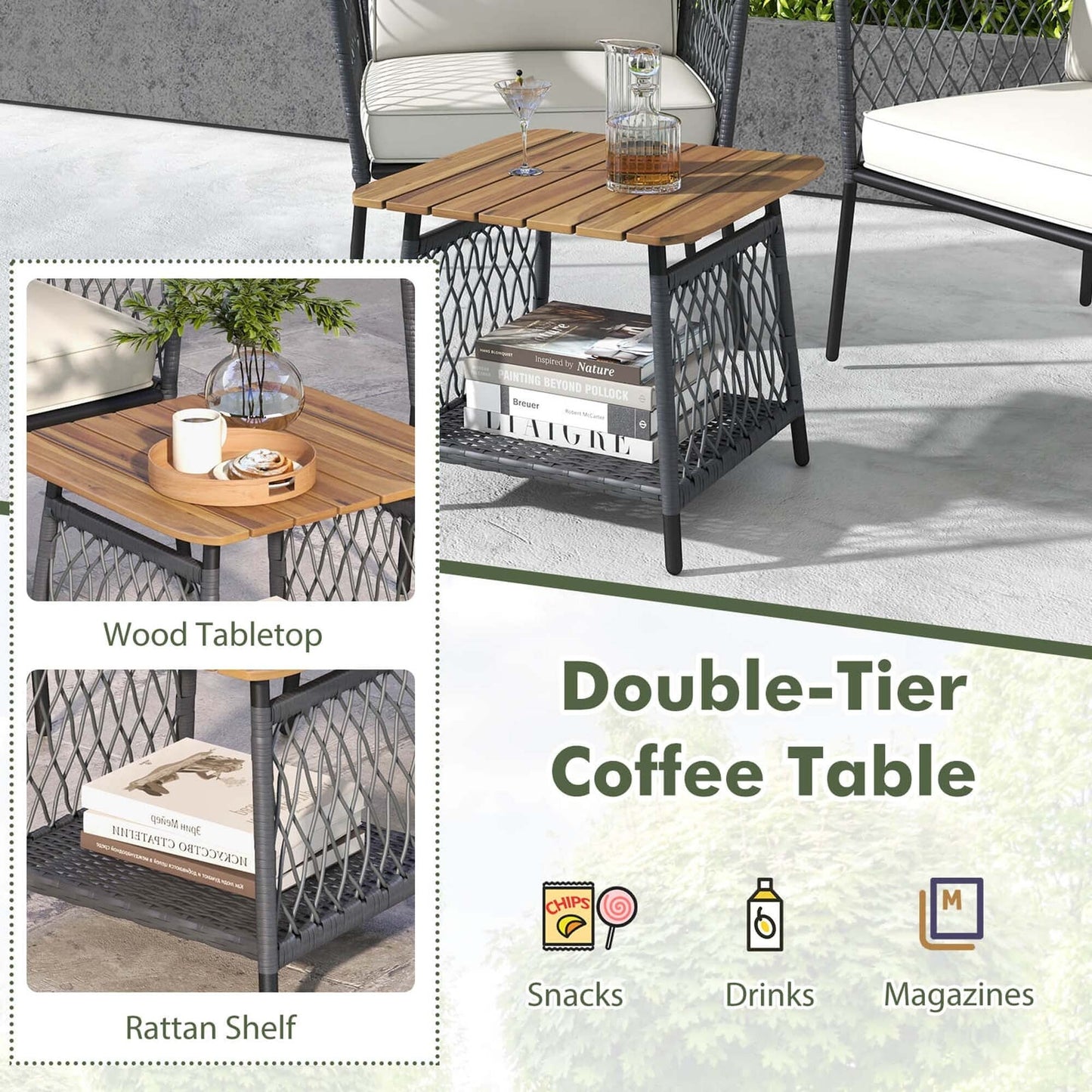 Gymax Set of 3 Furniture Set w/ 2-Tier Coffee Table Acacia Wood