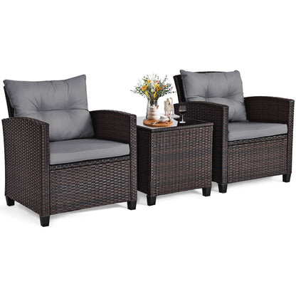 Gymax Set of 3 Rattan Furniture Set Patio Cushioned Conversation Set
