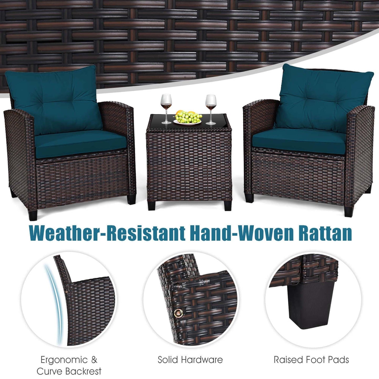 Gymax Set of 3 Rattan Furniture Set Patio Cushioned Conversation Set
