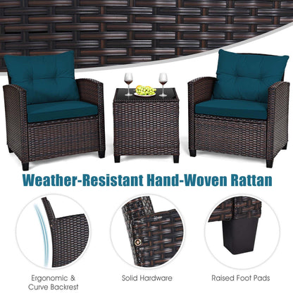 Gymax Set of 3 Rattan Furniture Set Patio Cushioned Conversation Set