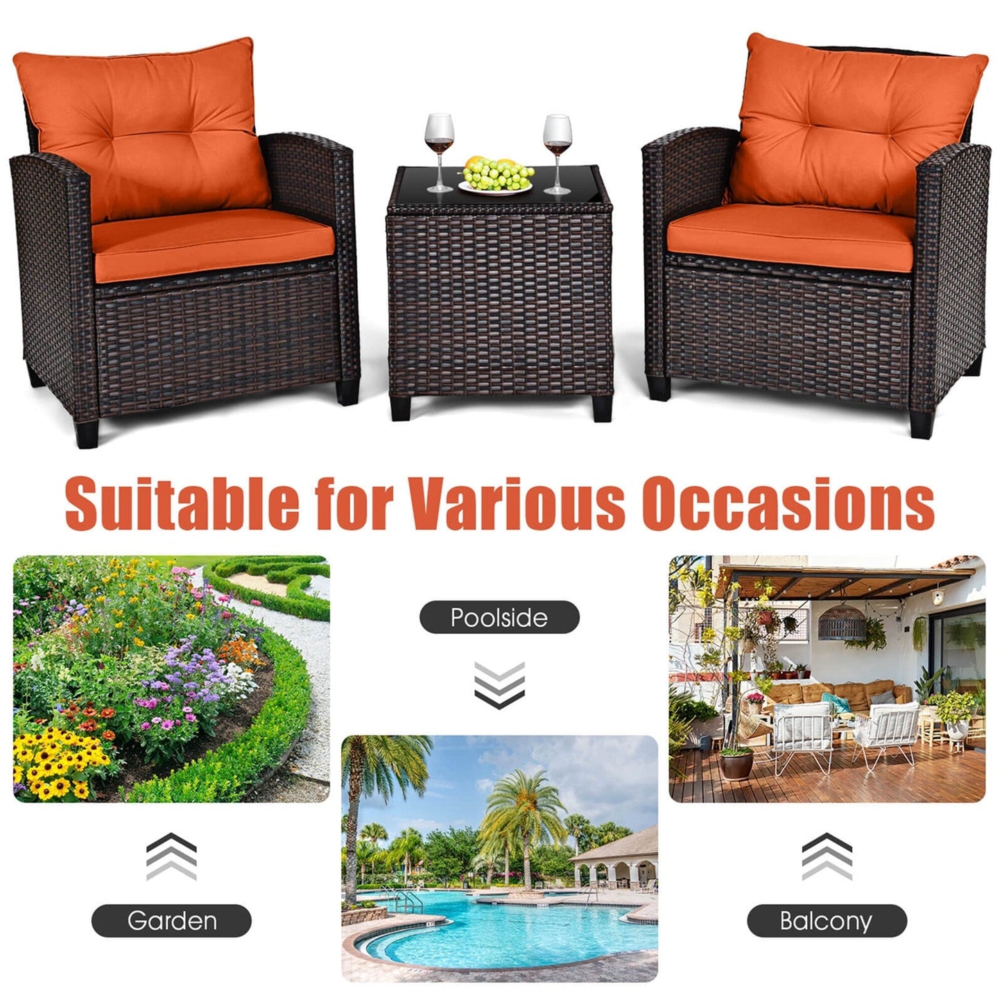 Gymax Set of 3 Rattan Furniture Set Patio Cushioned Conversation Set