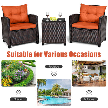 Gymax Set of 3 Rattan Furniture Set Patio Cushioned Conversation Set