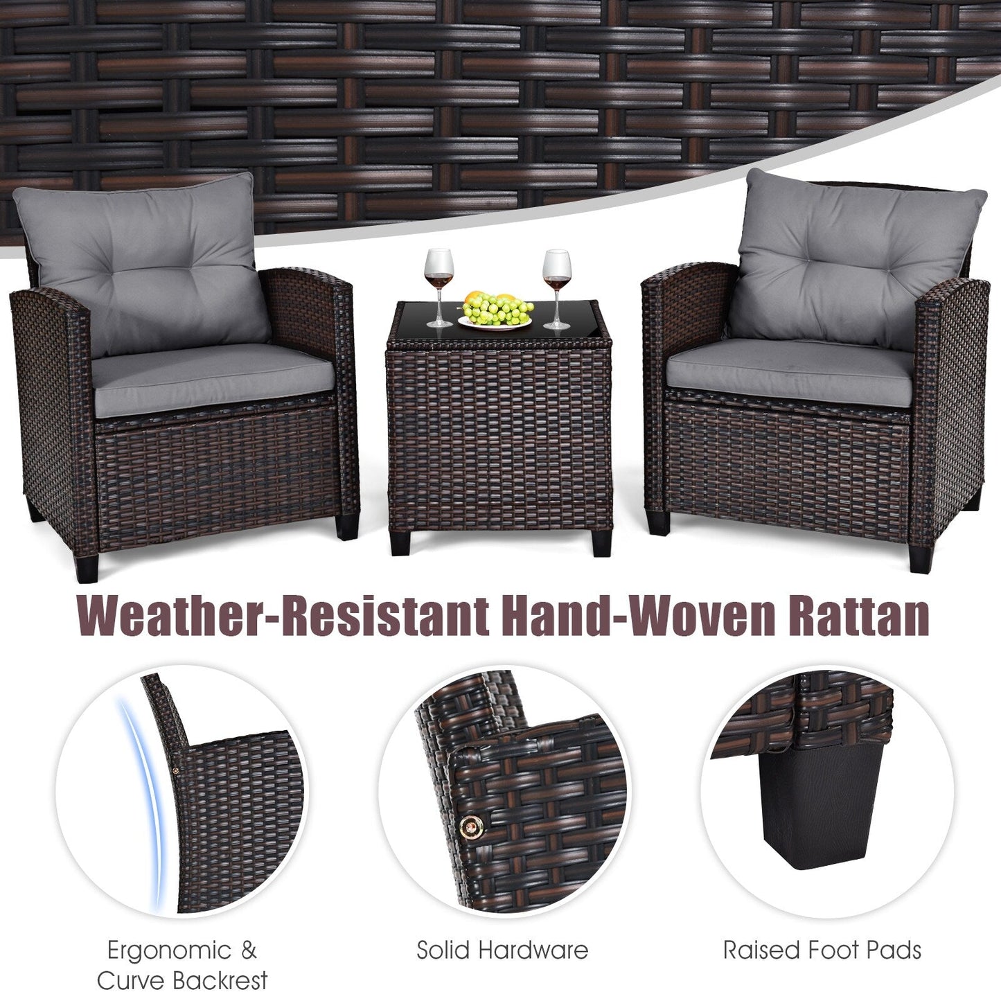 Gymax Set of 3 Rattan Furniture Set Patio Cushioned Conversation Set