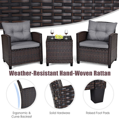 Gymax Set of 3 Rattan Furniture Set Patio Cushioned Conversation Set