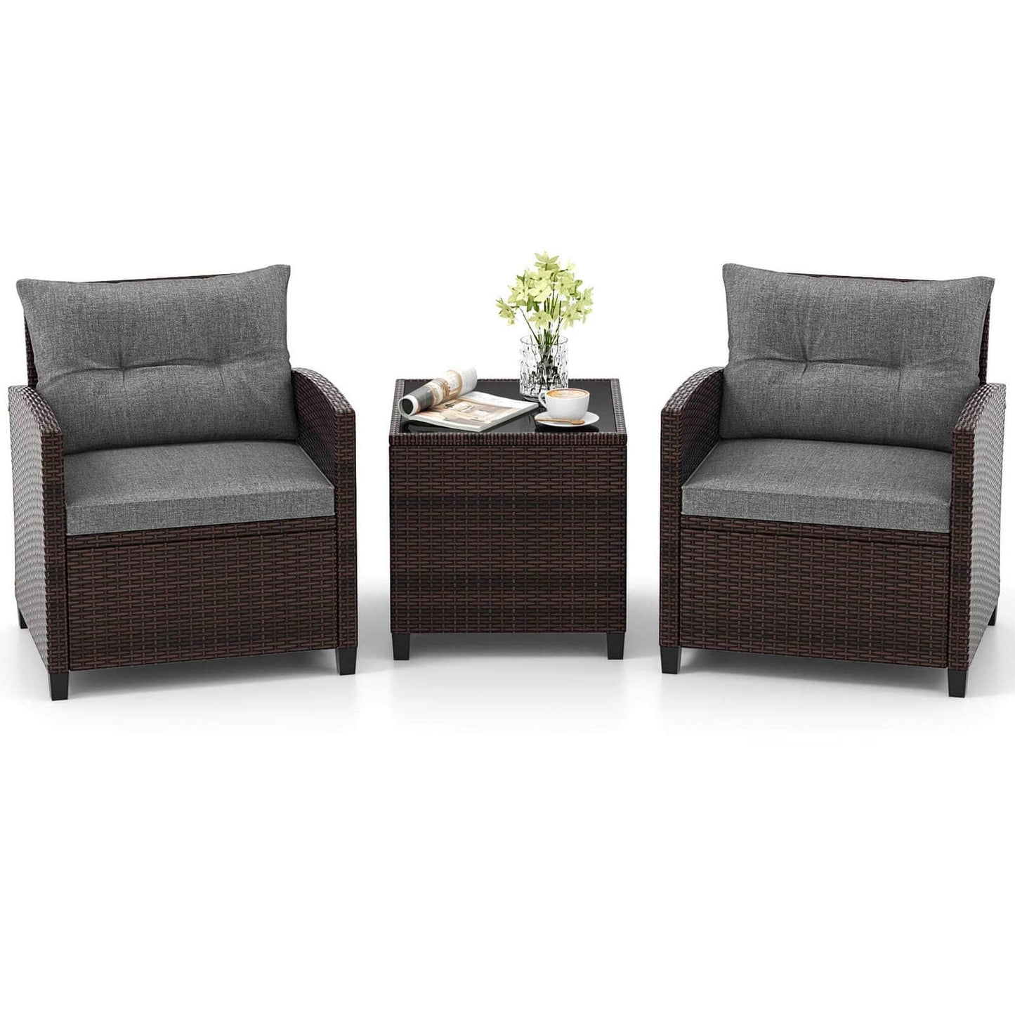 Gymax Set of 3 Rattan Furniture Set Patio Cushioned Conversation Set