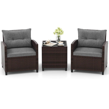 Gymax Set of 3 Rattan Furniture Set Patio Cushioned Conversation Set