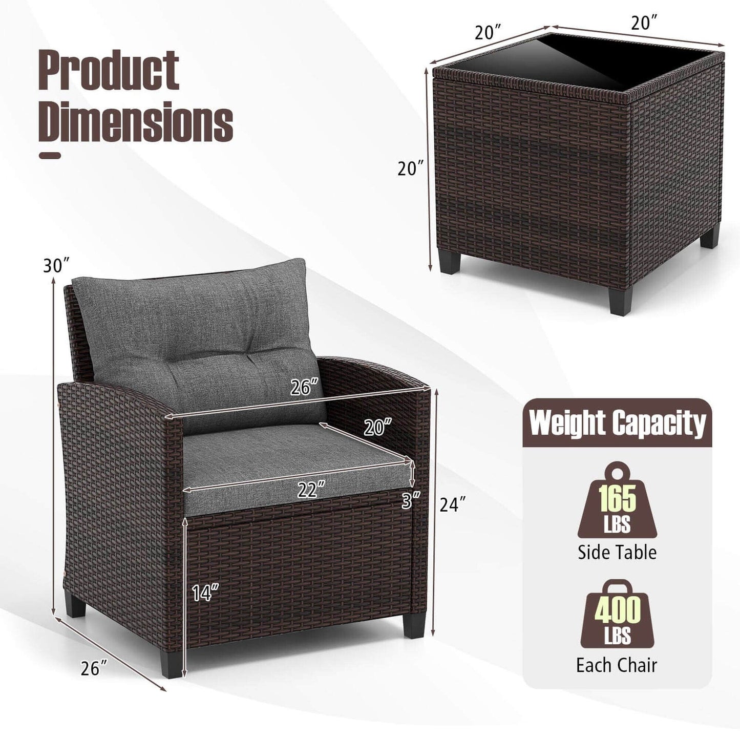 Gymax Set of 3 Rattan Furniture Set Patio Cushioned Conversation Set