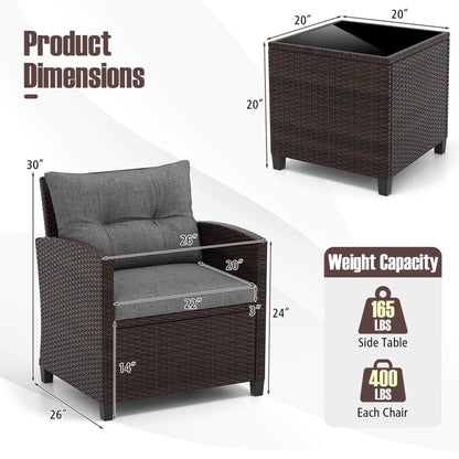Gymax Set of 3 Rattan Furniture Set Patio Cushioned Conversation Set