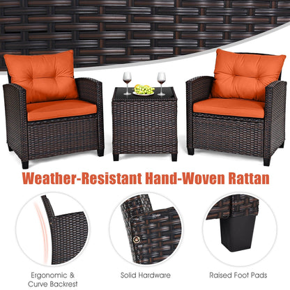 Gymax Set of 3 Rattan Furniture Set Patio Cushioned Conversation Set