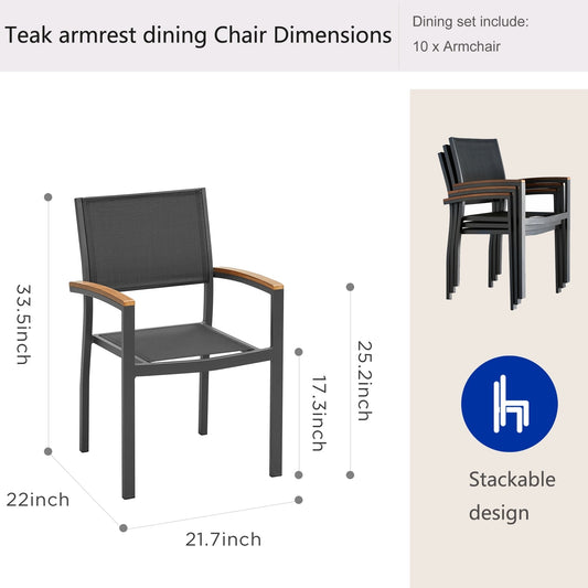 HIGOLD - Heck 11-Piece FSC Teak Patio Dining Set for 10 Persons, Extendable Dining Table and 10 Armchairs, Aluminum Frame