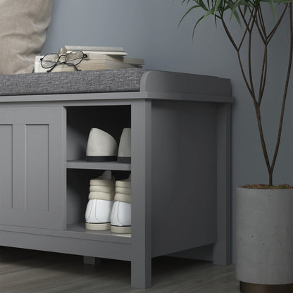 HOMCOM Entryway Shoe Bench Storage Ottoman with Adjustable Shelving, 6 Compartments, and Padded Seat, White/Grey