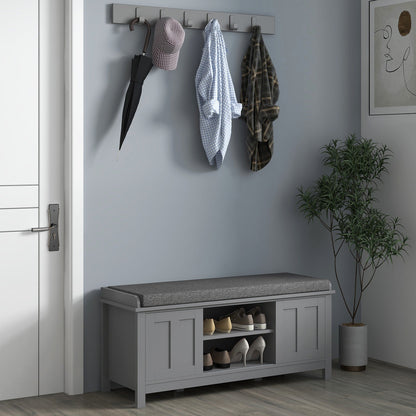 HOMCOM Entryway Shoe Bench Storage Ottoman with Adjustable Shelving, 6 Compartments, and Padded Seat, White/Grey