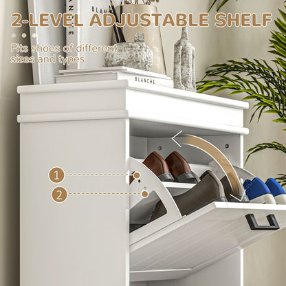 HOMCOM Shoe Cabinet for Entryway, Narrow Shoe Rack Storage Organizer with 2 Flip Drawers and Adjustable Shelves