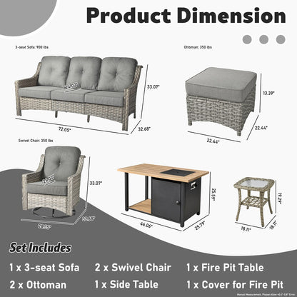 HOOOWOOO 7-piece Wicker High Back Patio Furniture Swivel Rocker Set with Fire Pit