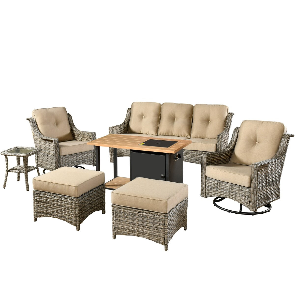 HOOOWOOO 7-piece Wicker High Back Patio Furniture Swivel Rocker Set with Fire Pit