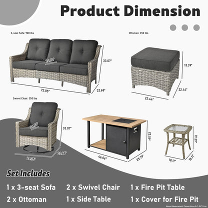 HOOOWOOO 7-piece Wicker High Back Patio Furniture Swivel Rocker Set with Fire Pit