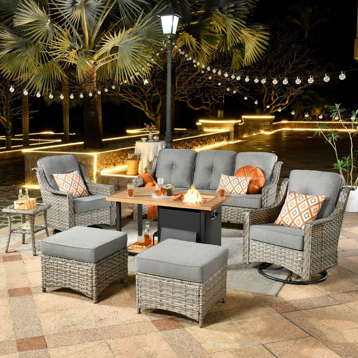 HOOOWOOO 7-piece Wicker High Back Patio Furniture Swivel Rocker Set with Fire Pit