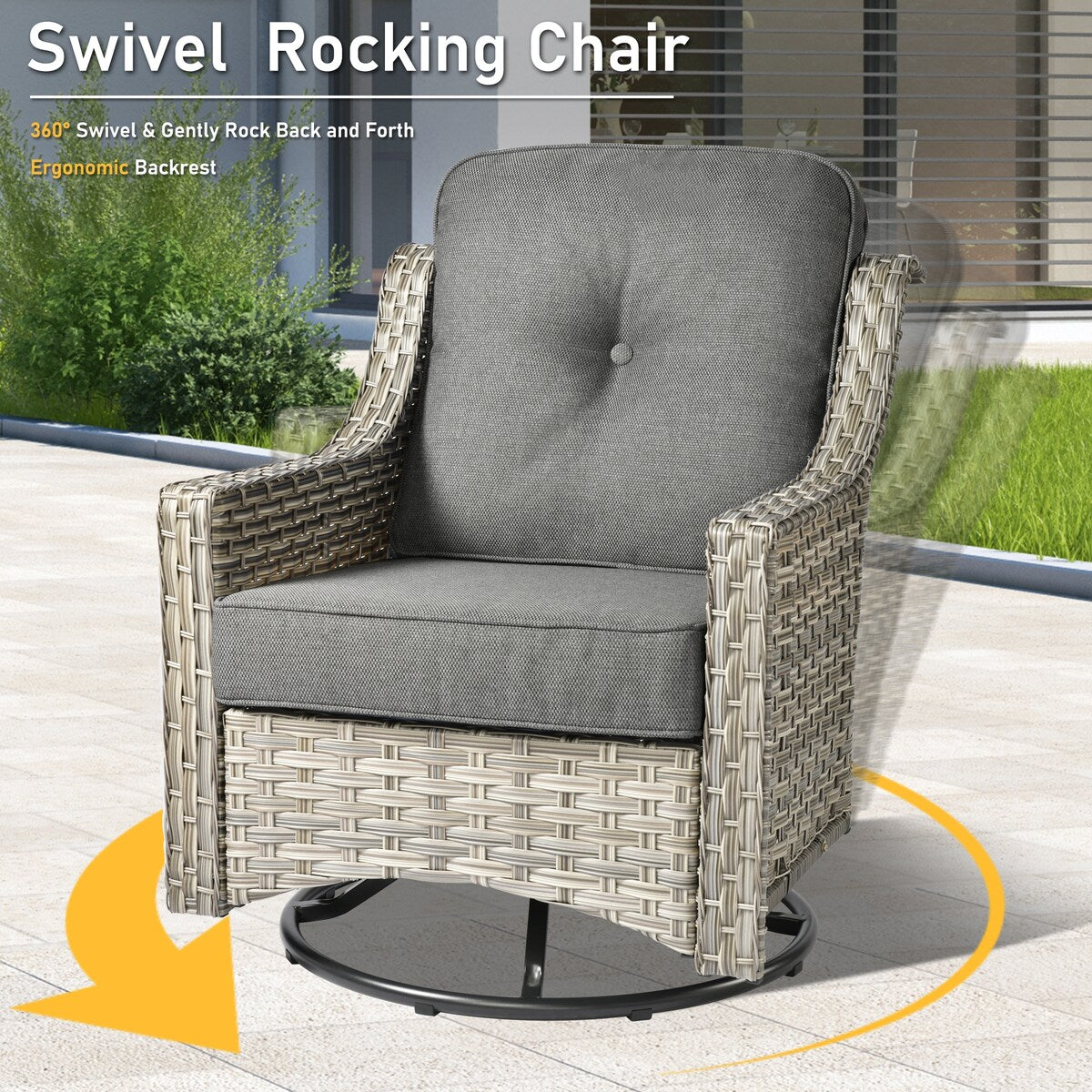 HOOOWOOO 7-piece Wicker High Back Patio Furniture Swivel Rocker Set with Fire Pit