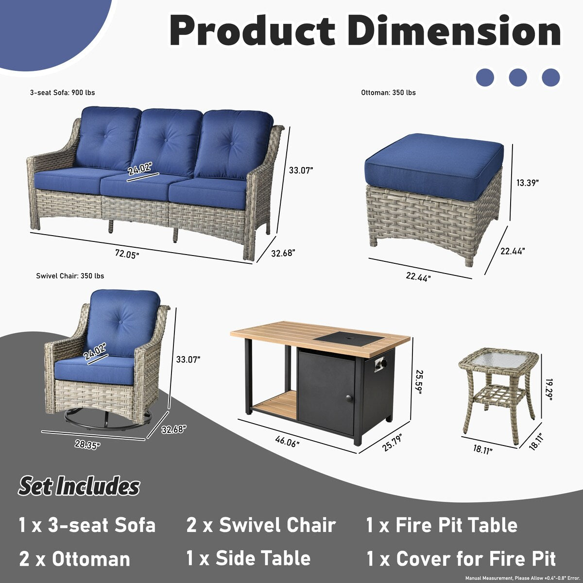 HOOOWOOO 7-piece Wicker High Back Patio Furniture Swivel Rocker Set with Fire Pit