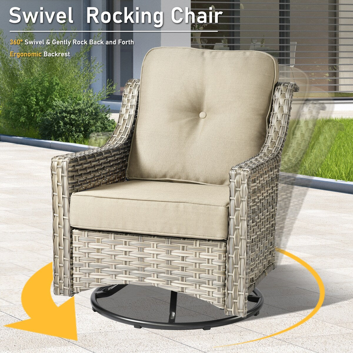 HOOOWOOO 7-piece Wicker High Back Patio Furniture Swivel Rocker Set with Fire Pit