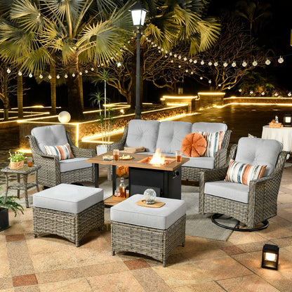 HOOOWOOO 7-piece Wicker High Back Patio Furniture Swivel Rocker Set with Fire Pit