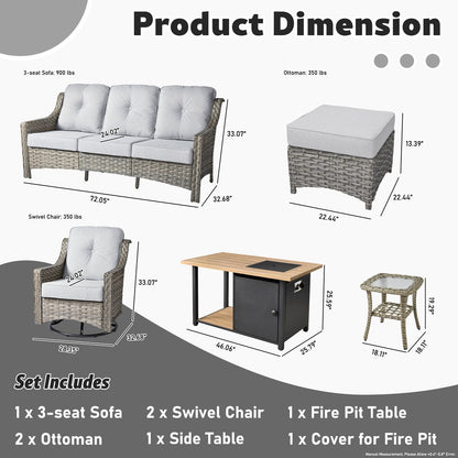 HOOOWOOO 7-piece Wicker High Back Patio Furniture Swivel Rocker Set with Fire Pit