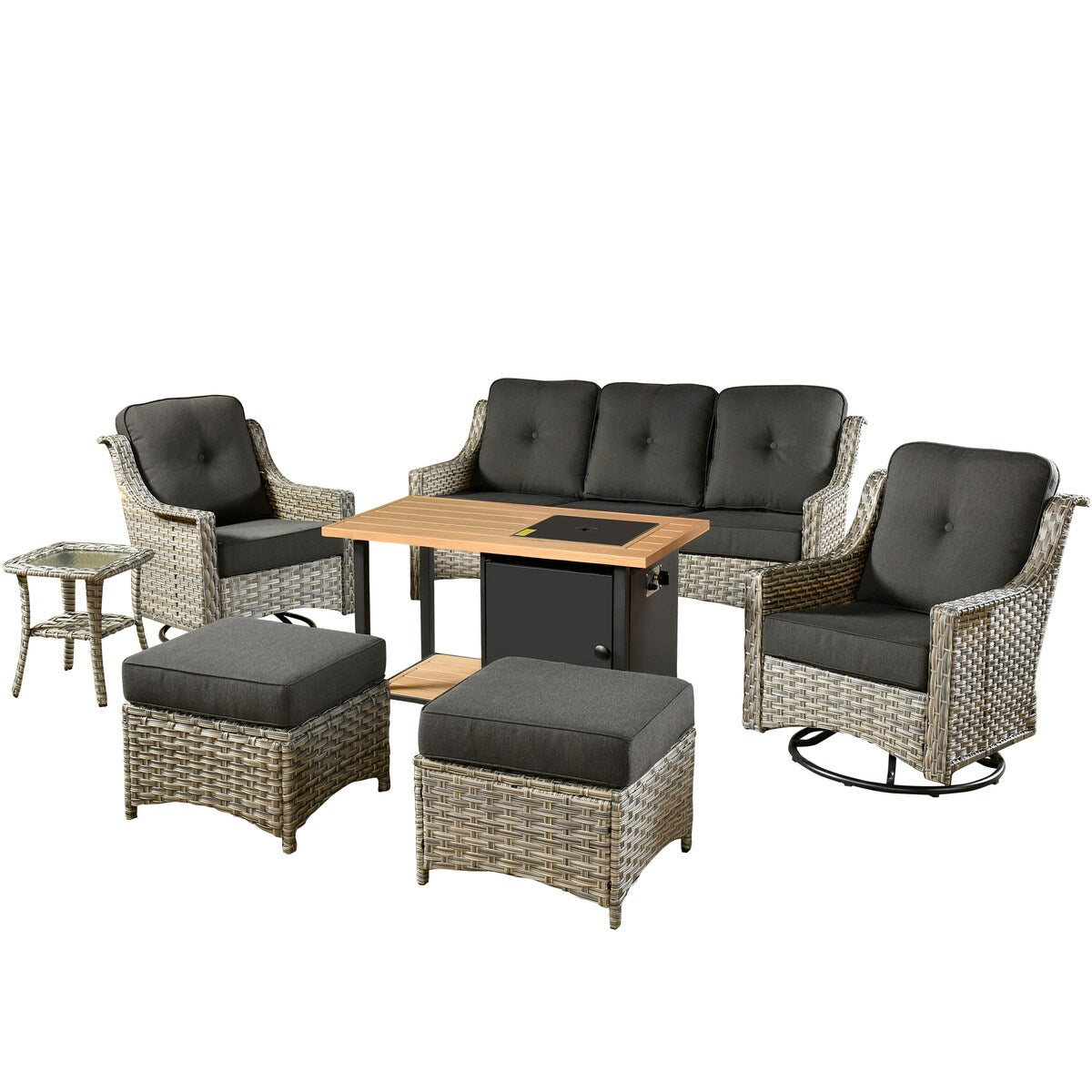 HOOOWOOO 7-piece Wicker High Back Patio Furniture Swivel Rocker Set with Fire Pit
