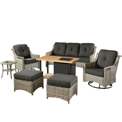 HOOOWOOO 7-piece Wicker High Back Patio Furniture Swivel Rocker Set with Fire Pit