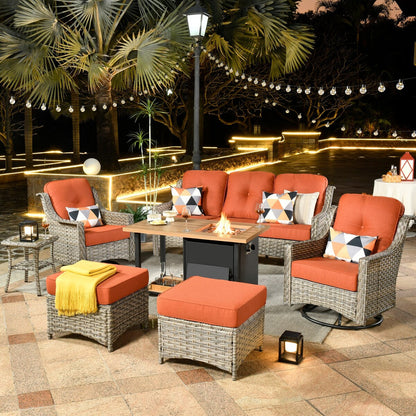 HOOOWOOO 7-piece Wicker High Back Patio Furniture Swivel Rocker Set with Fire Pit