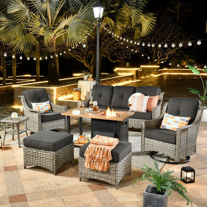 HOOOWOOO 7-piece Wicker High Back Patio Furniture Swivel Rocker Set with Fire Pit