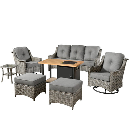 HOOOWOOO 7-piece Wicker High Back Patio Furniture Swivel Rocker Set with Fire Pit
