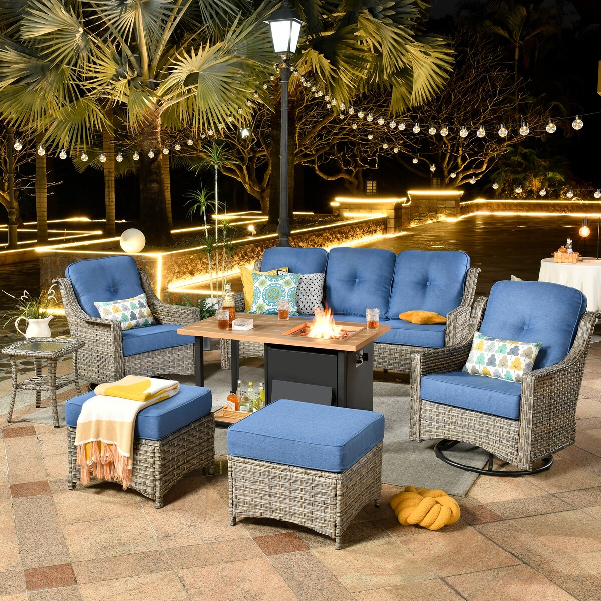 HOOOWOOO 7-piece Wicker High Back Patio Furniture Swivel Rocker Set with Fire Pit