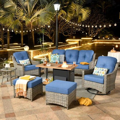 HOOOWOOO 7-piece Wicker High Back Patio Furniture Swivel Rocker Set with Fire Pit