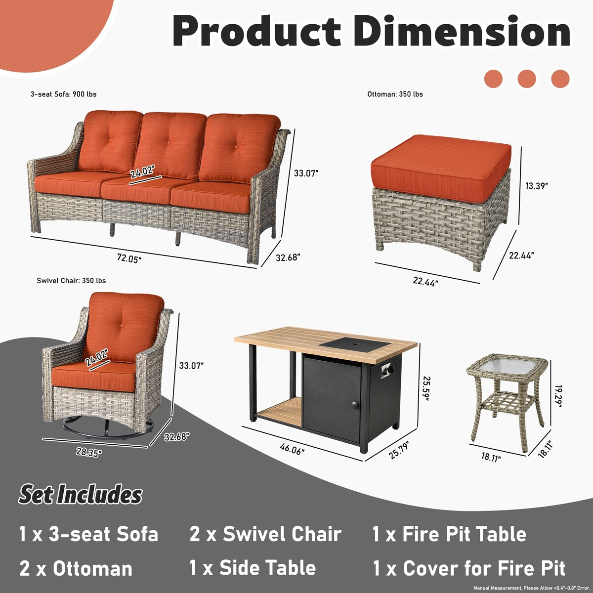 HOOOWOOO 7-piece Wicker High Back Patio Furniture Swivel Rocker Set with Fire Pit