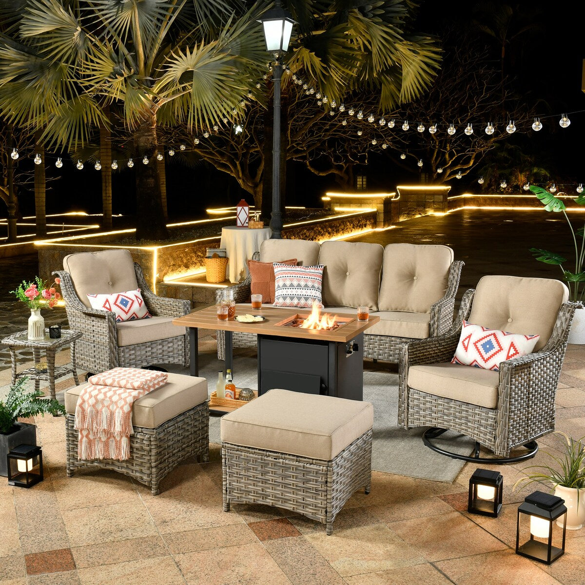 HOOOWOOO 7-piece Wicker High Back Patio Furniture Swivel Rocker Set with Fire Pit