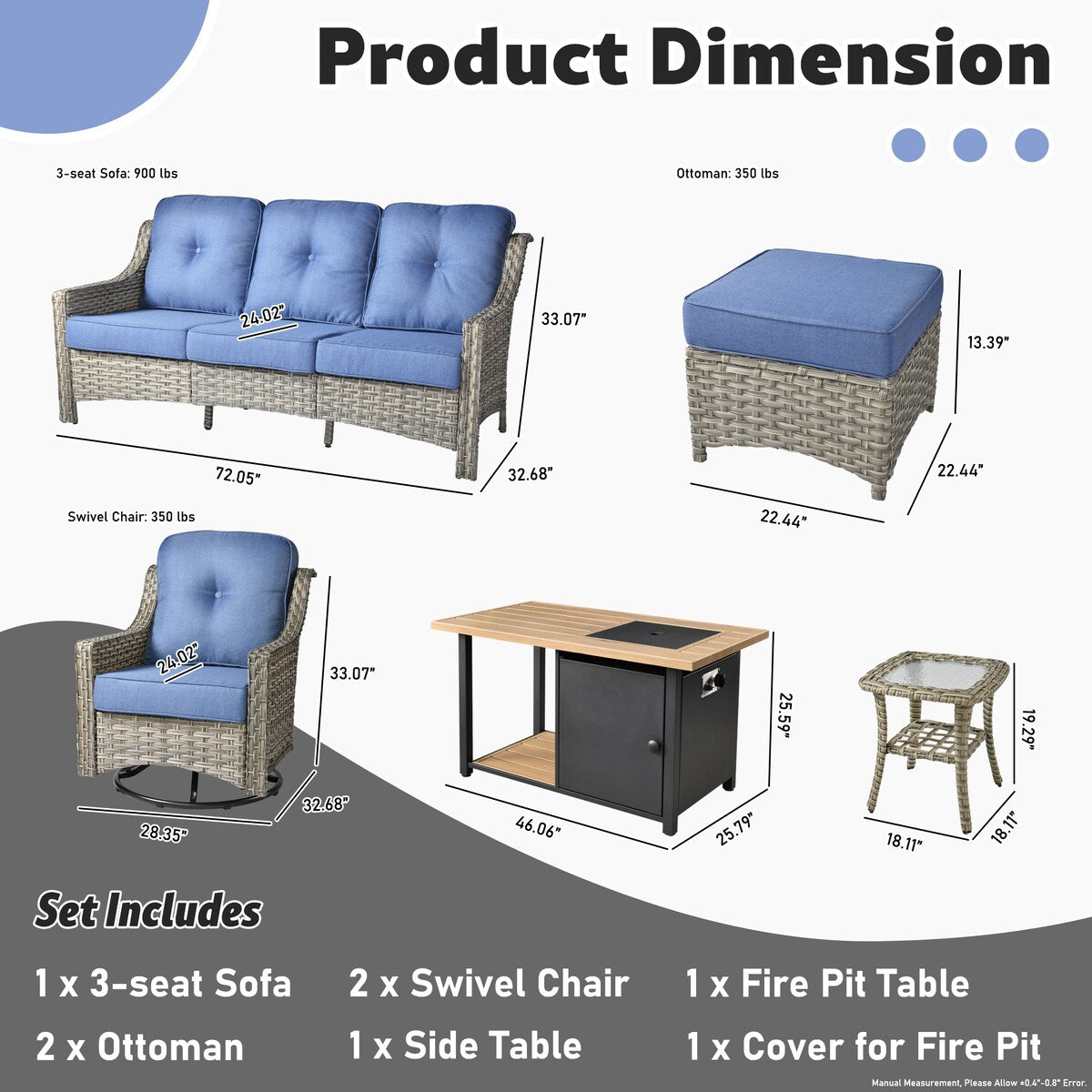 HOOOWOOO 7-piece Wicker High Back Patio Furniture Swivel Rocker Set with Fire Pit