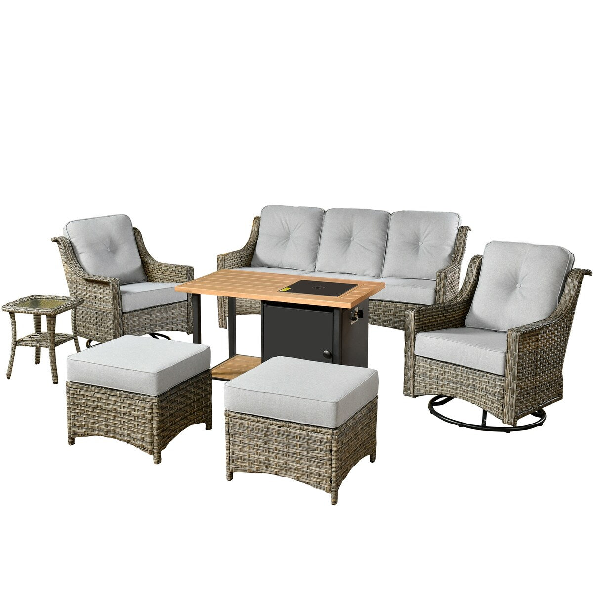 HOOOWOOO 7-piece Wicker High Back Patio Furniture Swivel Rocker Set with Fire Pit