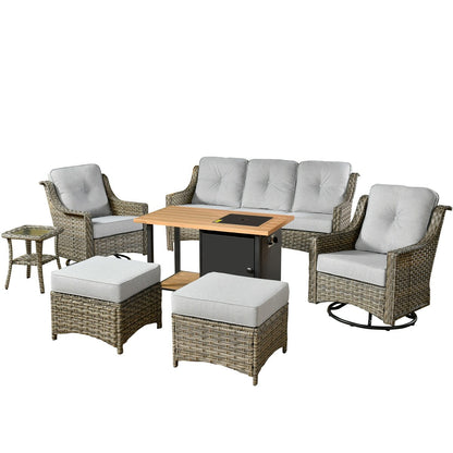 HOOOWOOO 7-piece Wicker High Back Patio Furniture Swivel Rocker Set with Fire Pit