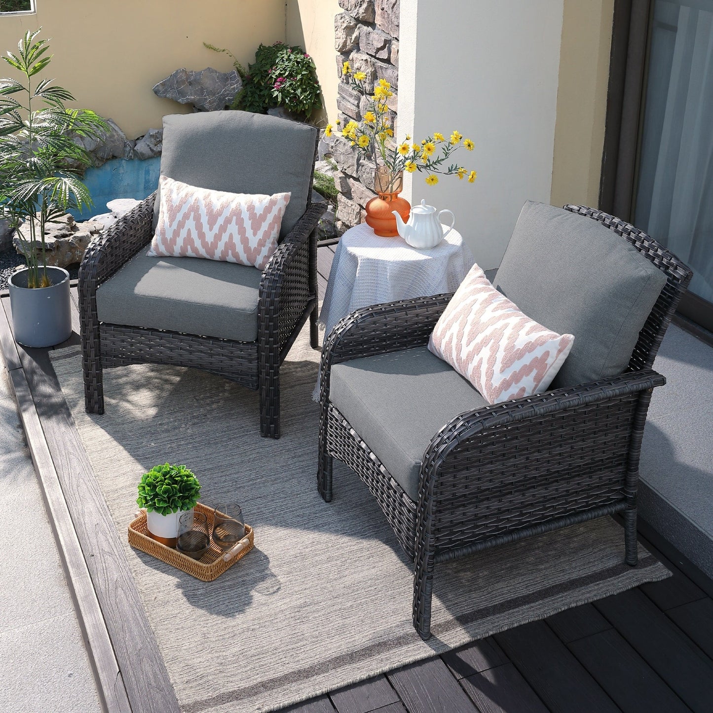 HOOOWOOO 2-piece Wicker Rattan Outdoor Patio Furniture Chair Set