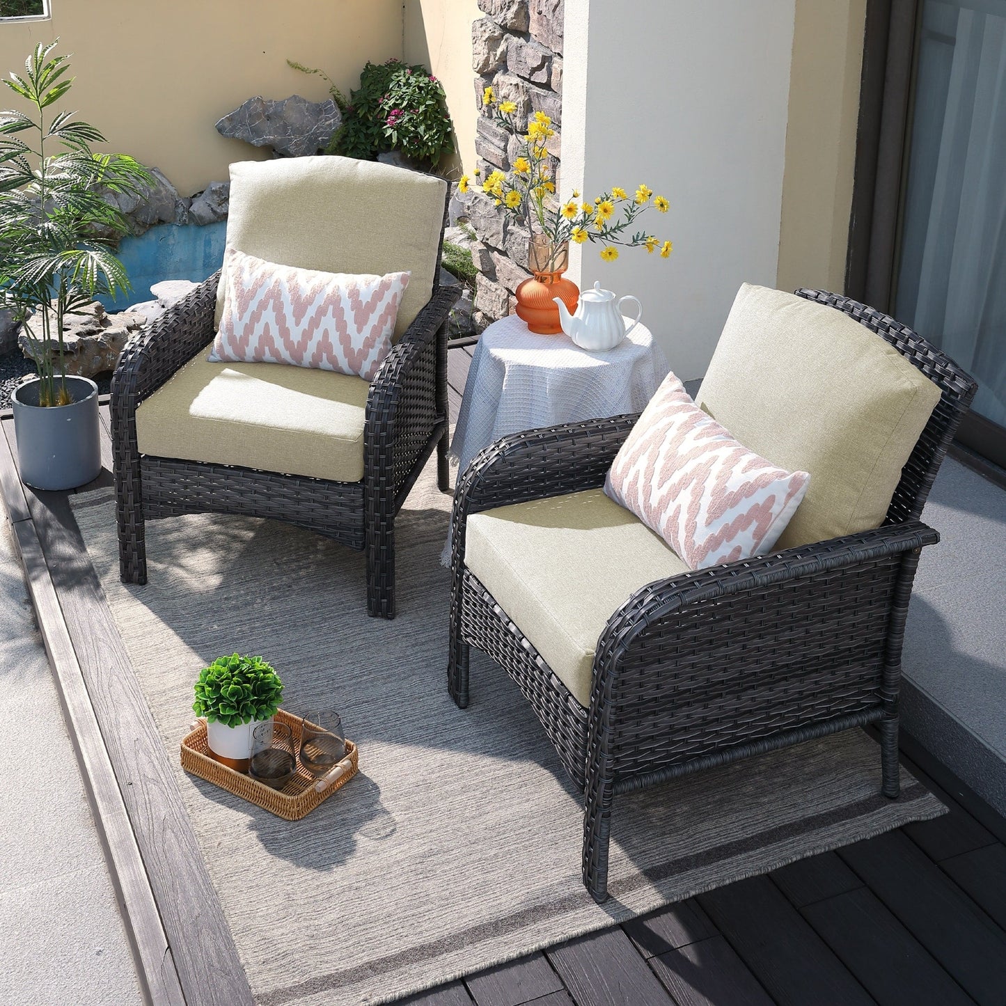 HOOOWOOO 2-piece Wicker Rattan Outdoor Patio Furniture Chair Set