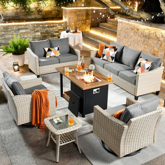 HOOOWOOO 6-piece Wicker Patio Outdoor Furniture Fire Pit Set with Swivel Rocking Chair