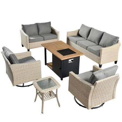 HOOOWOOO 6-piece Wicker Patio Outdoor Furniture Fire Pit Set with Swivel Rocking Chair