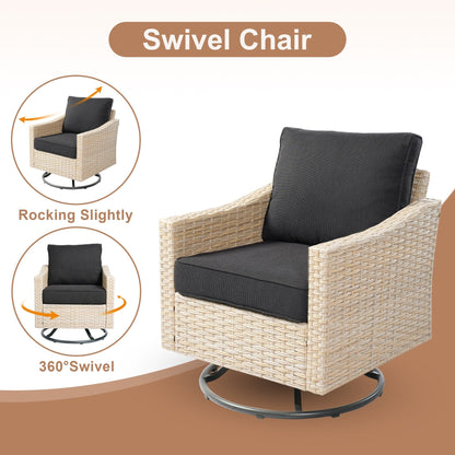 HOOOWOOO 6-piece Wicker Patio Outdoor Furniture Fire Pit Set with Swivel Rocking Chair