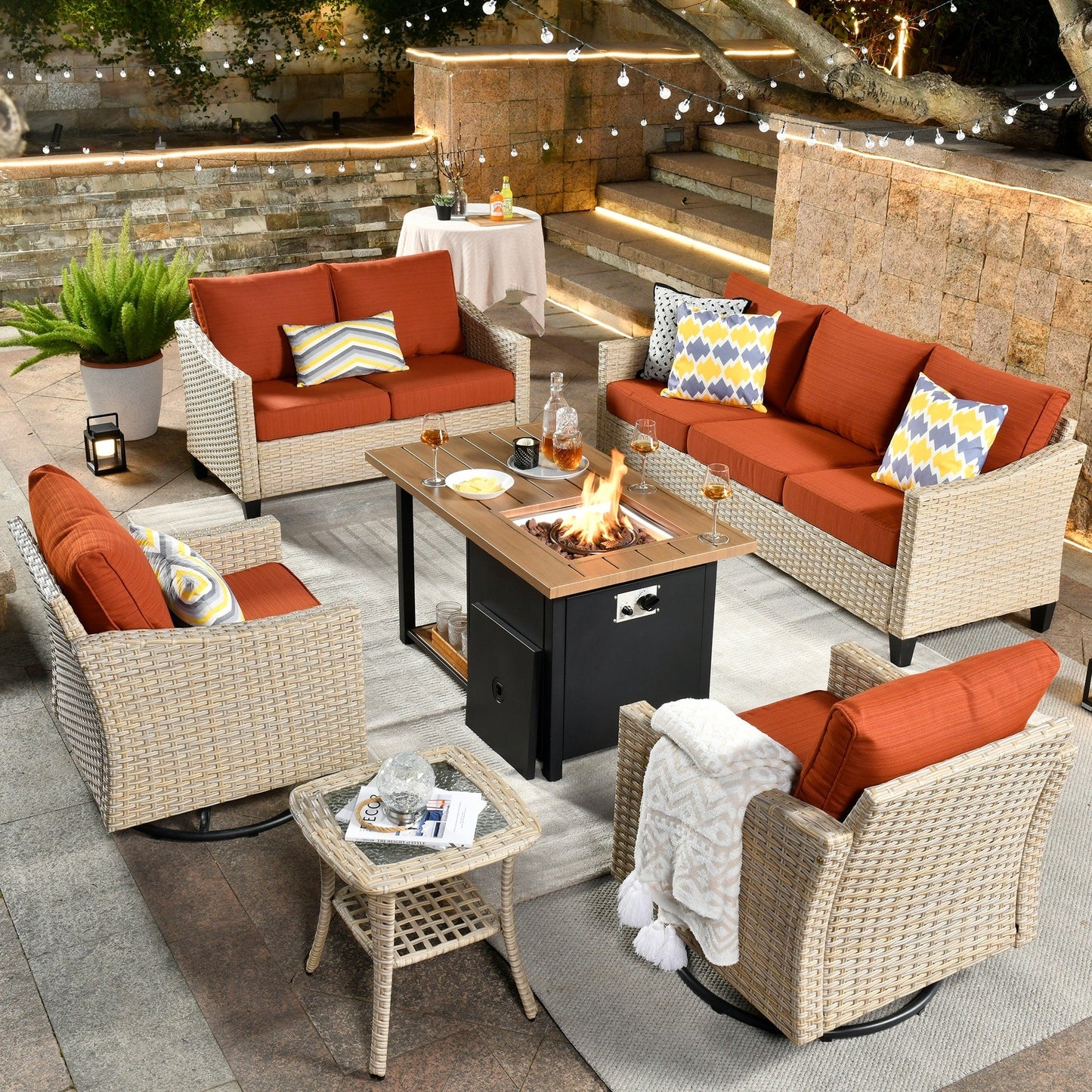 HOOOWOOO 6-piece Wicker Patio Outdoor Furniture Fire Pit Set with Swivel Rocking Chair