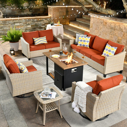 HOOOWOOO 6-piece Wicker Patio Outdoor Furniture Fire Pit Set with Swivel Rocking Chair