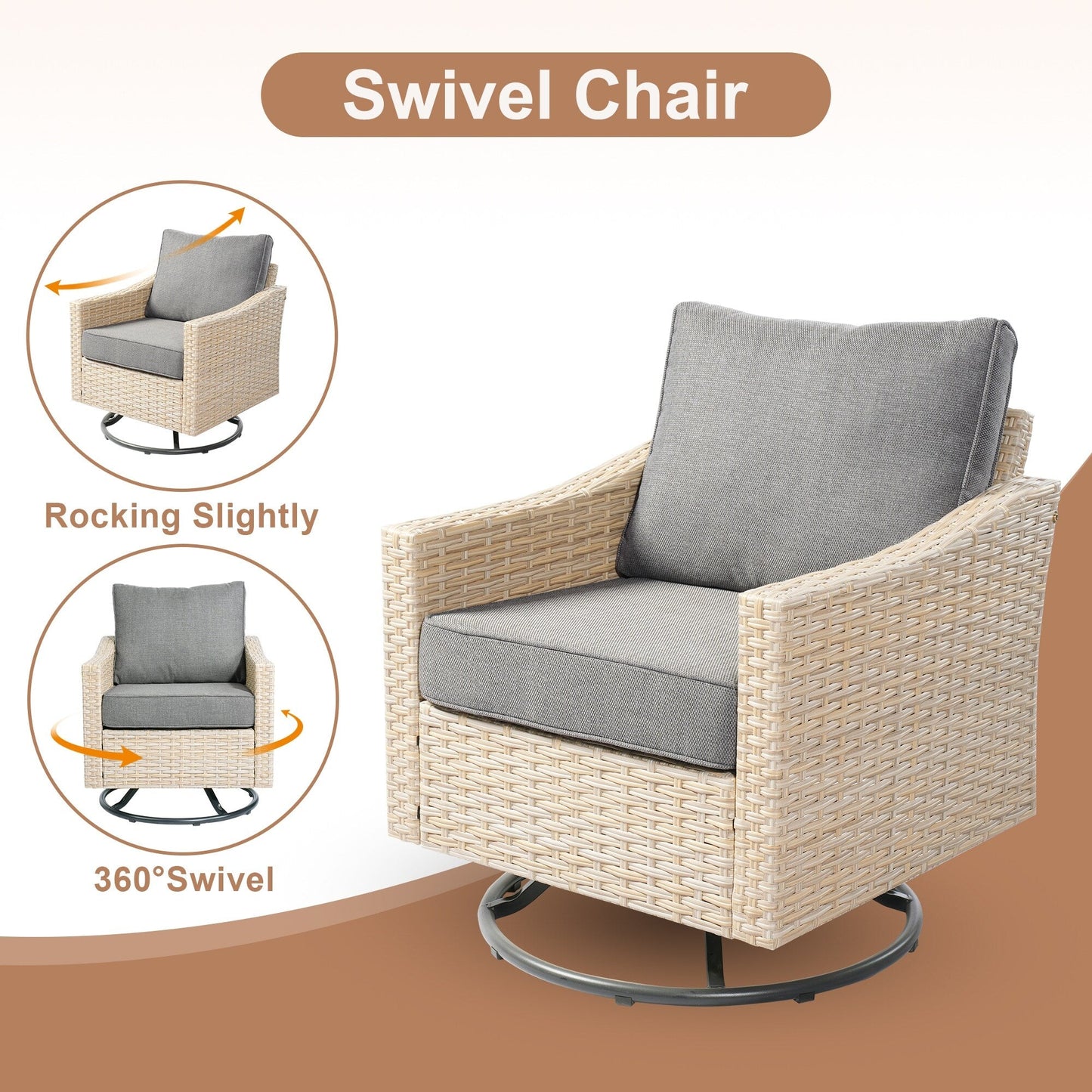 HOOOWOOO 6-piece Wicker Patio Outdoor Furniture Fire Pit Set with Swivel Rocking Chair