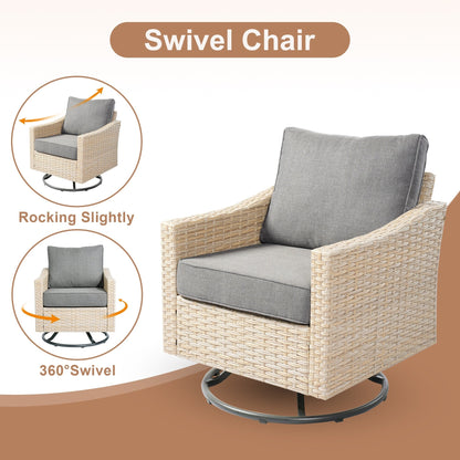 HOOOWOOO 6-piece Wicker Patio Outdoor Furniture Fire Pit Set with Swivel Rocking Chair