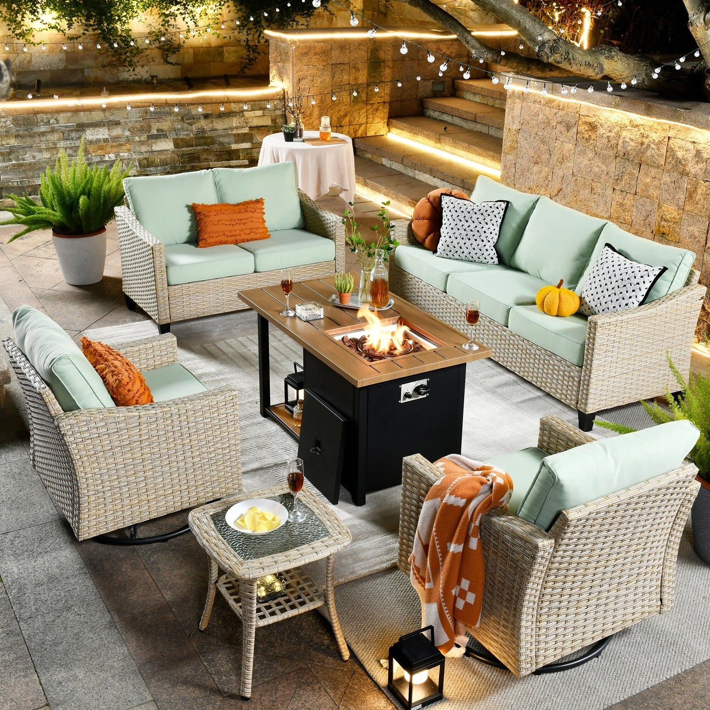 HOOOWOOO 6-piece Wicker Patio Outdoor Furniture Fire Pit Set with Swivel Rocking Chair