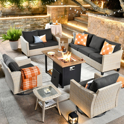 HOOOWOOO 6-piece Wicker Patio Outdoor Furniture Fire Pit Set with Swivel Rocking Chair