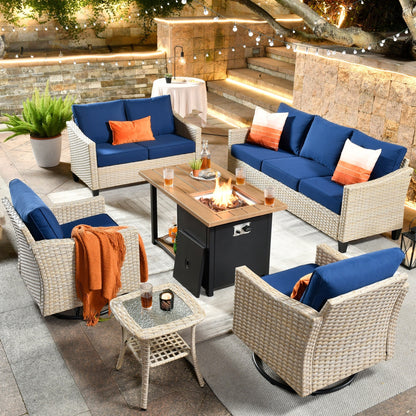 HOOOWOOO 6-piece Wicker Patio Outdoor Furniture Fire Pit Set with Swivel Rocking Chair